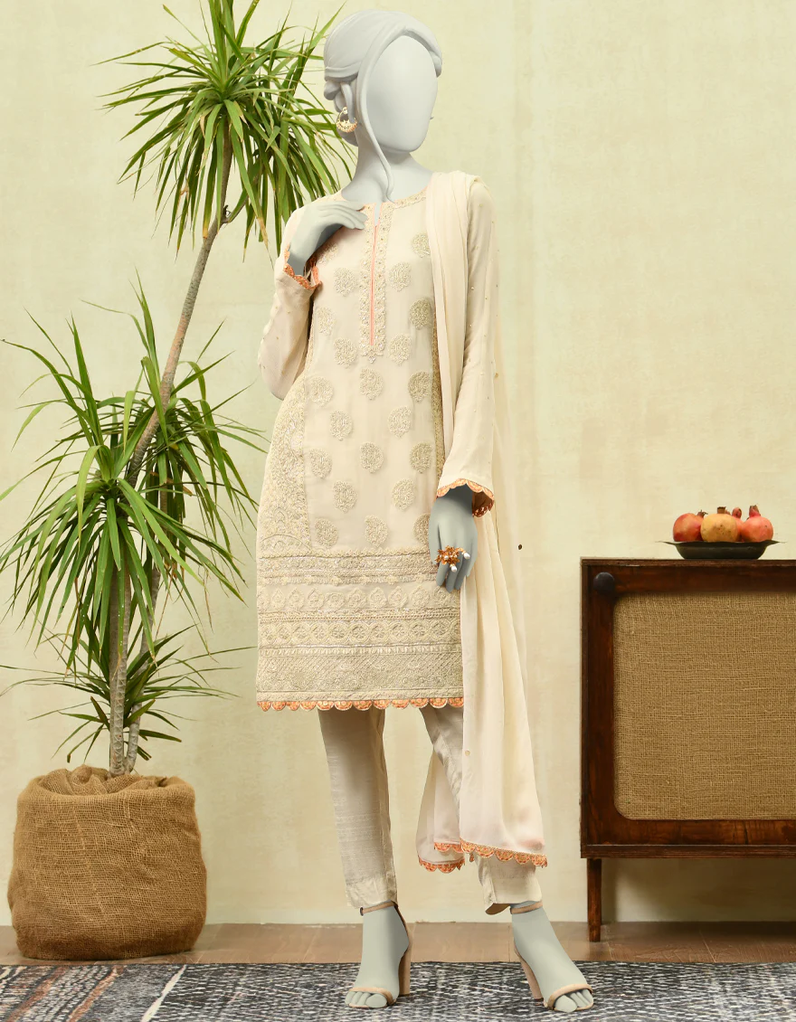 OFF-WHITE CHIFFON 3PC STITCHED | JJPW-W-JPWF-US-22-067 FB/FF-002 - Image 4