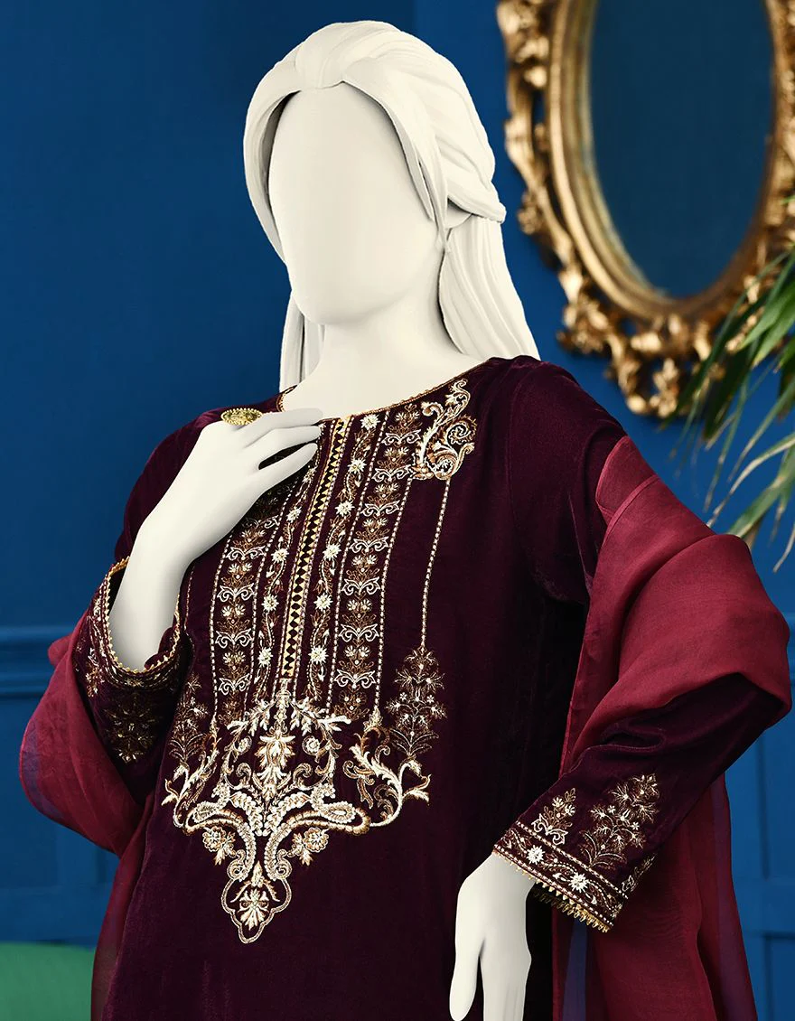 MAROON VELVET 3PC STITCHED | JJPW-W-JPWS-US-21-267 FB/FF-328 - Image 2