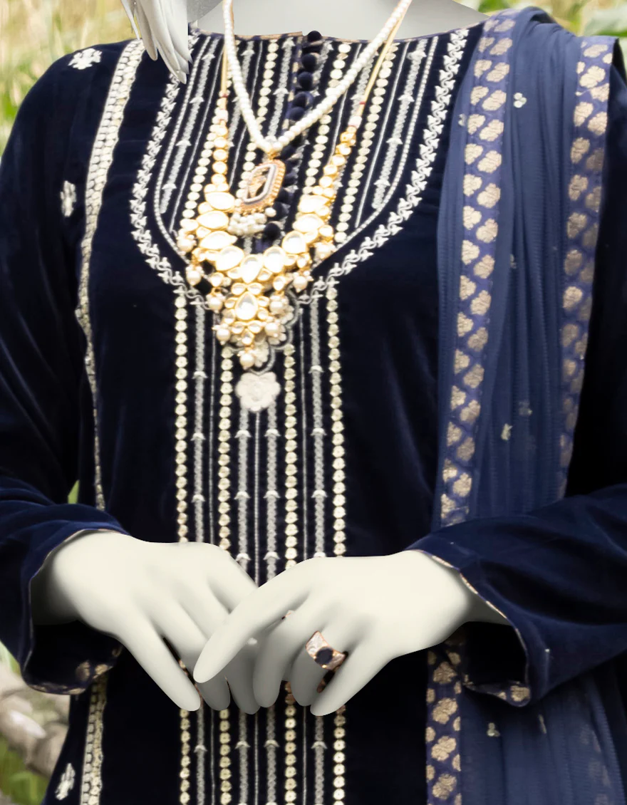 NAVY BLUE VELVET 3PC STITCHED | JJPW-W-JPWS-US-22-489 FB/FF-328 - Image 3