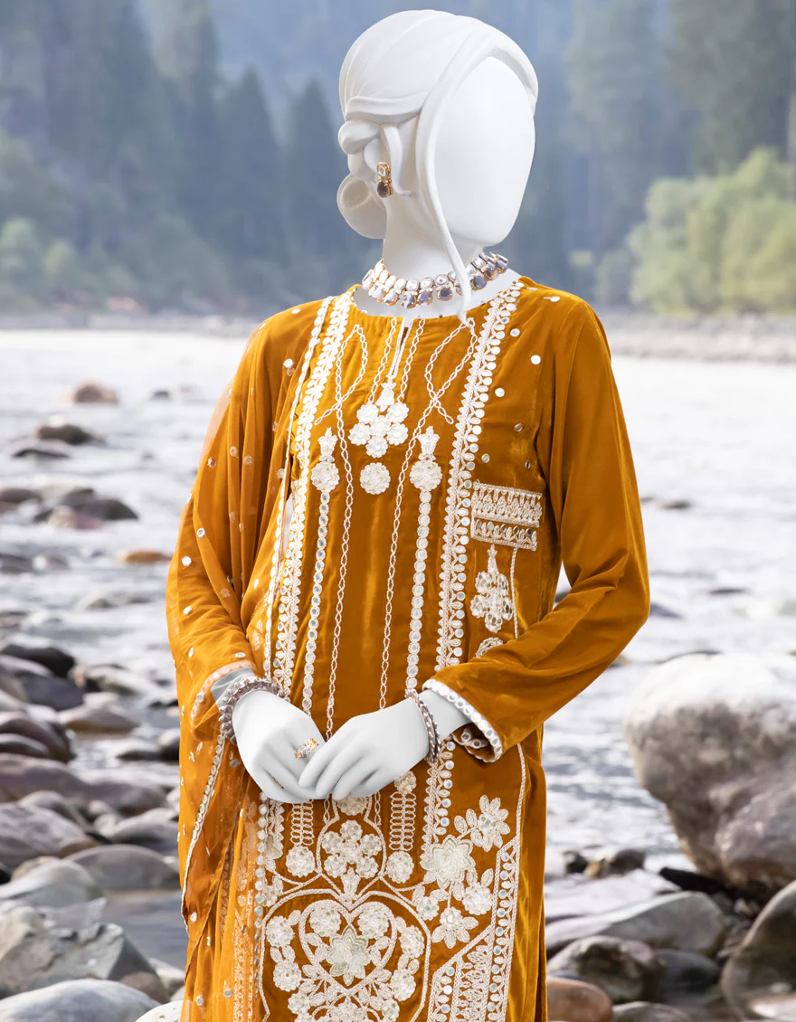 MUSTARD VELVET 3PC STITCHED | JJPW-W-JPWS-US-22-491 FB/FF-328 - Image 4