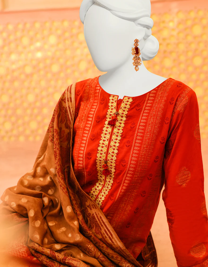 RUST JACQUARD 3PC STITCHED | JJPW-W-JPWS-US-23-630 FB/SHAHTAJ - Image 4