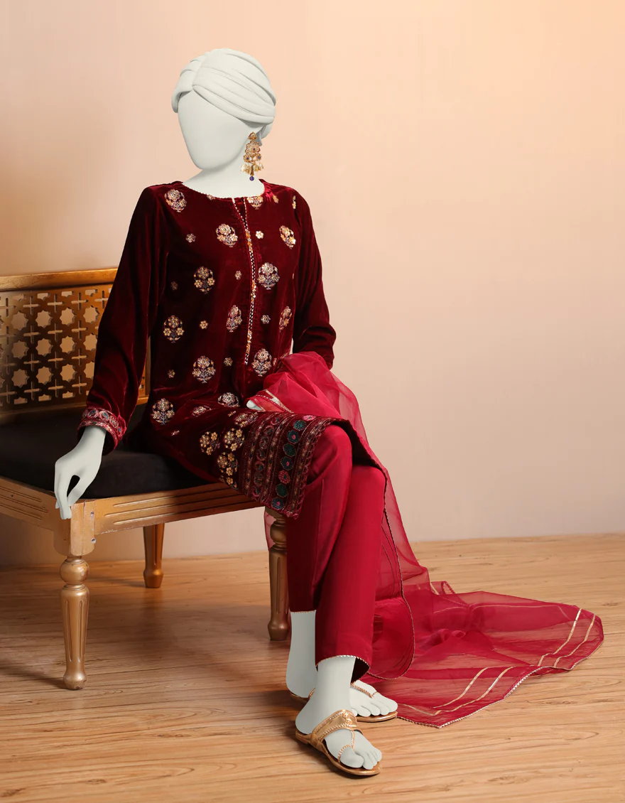 MAROON VELVET 3PC STITCHED | JJPW-W-JPWS-US-23-660 FB/FF-328 - Image 3
