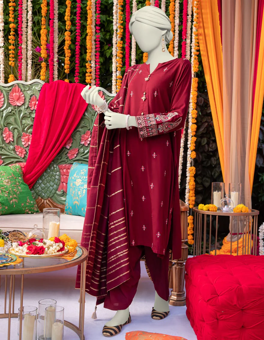 RED LINEN 3PC STITCHED | JJPW-W-JW-24-1777 FB/DREAM WEAVE-2
