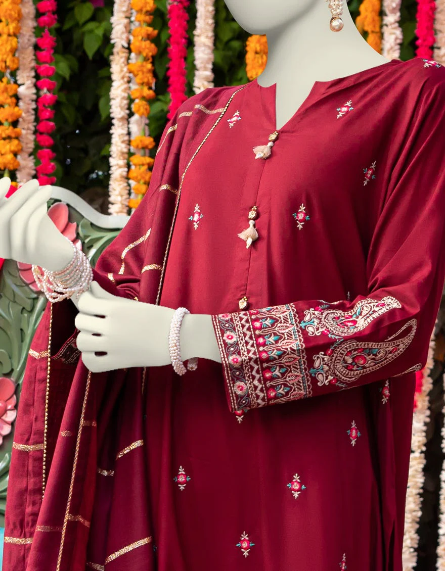 RED LINEN 3PC STITCHED | JJPW-W-JW-24-1777 FB/DREAM WEAVE-2 - Image 2