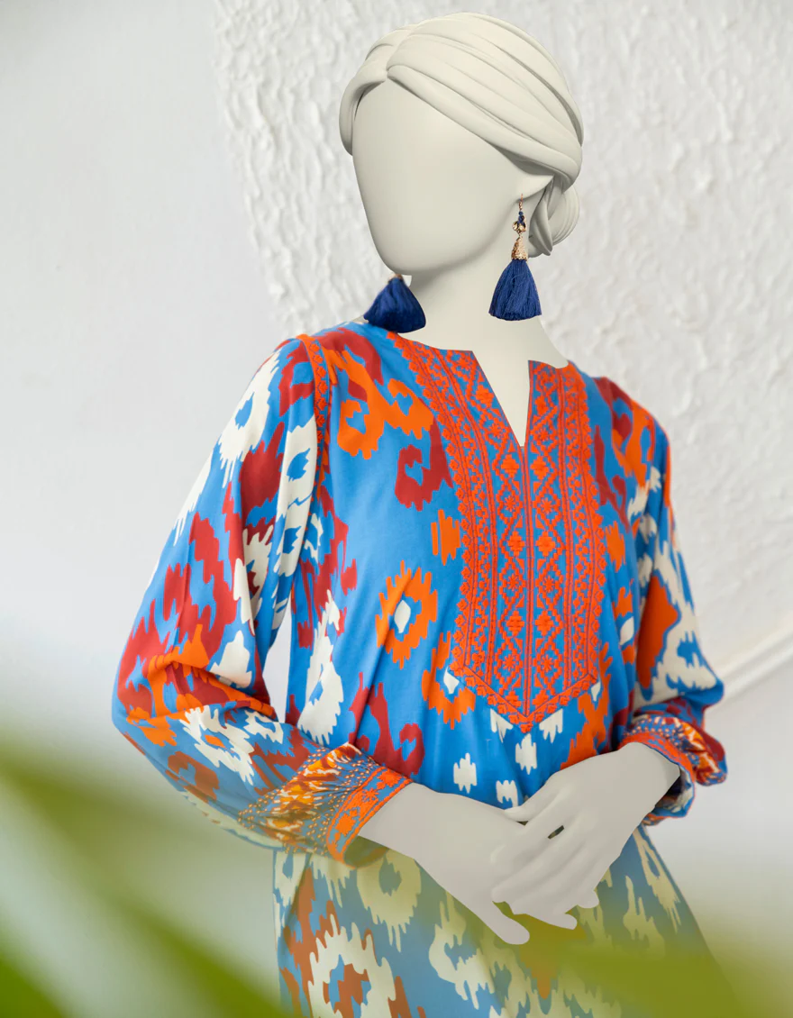 BLUE LINEN 2PC STITCHED | JJPW-W-JW2-24-2018 FB/IKAT FUSION-03 - Image 2