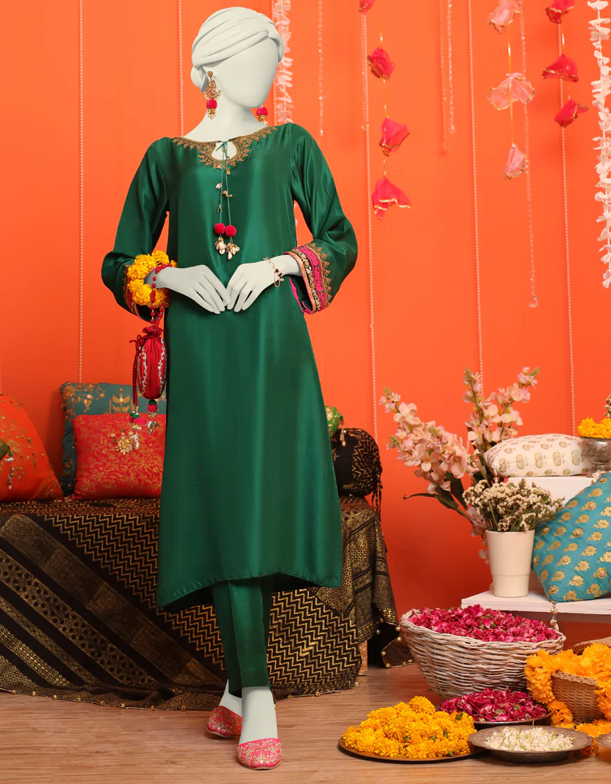 BOTTLE GREEN RAW SILK 2PC STITCHED | JJPW-W-JW2-US-23-2022 FB/GOTTA VINTAGE-4