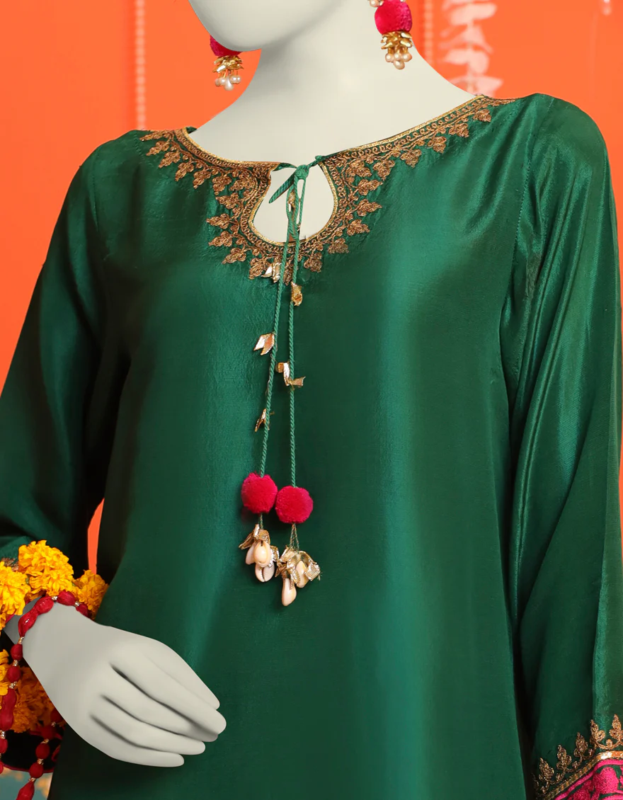 BOTTLE GREEN RAW SILK 2PC STITCHED | JJPW-W-JW2-US-23-2022 FB/GOTTA VINTAGE-4 - Image 2