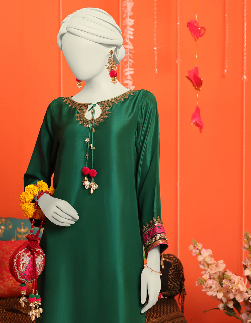 BOTTLE GREEN RAW SILK 2PC STITCHED | JJPW-W-JW2-US-23-2022 FB/GOTTA VINTAGE-4 - Image 3
