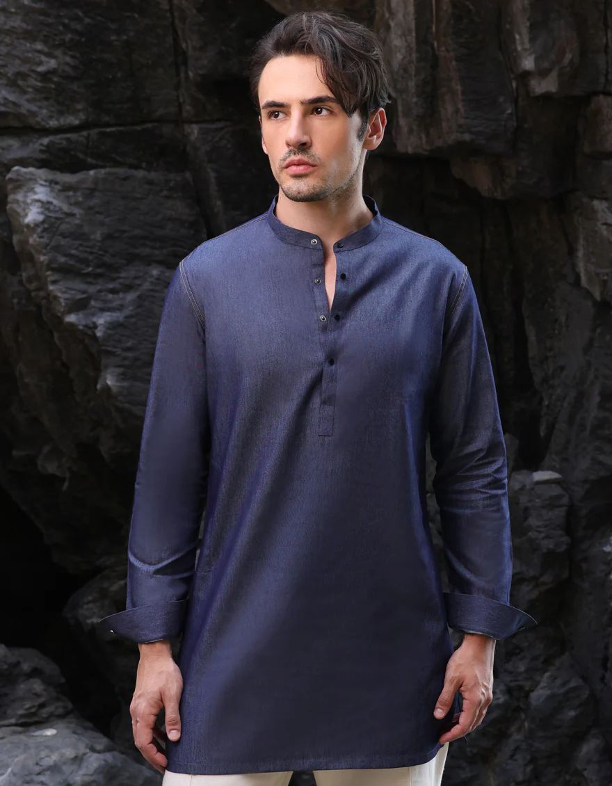 DENIM BLUE BLENDED SHORT KURTA | JJSHK-A-47413/S25/JJ - Image 4