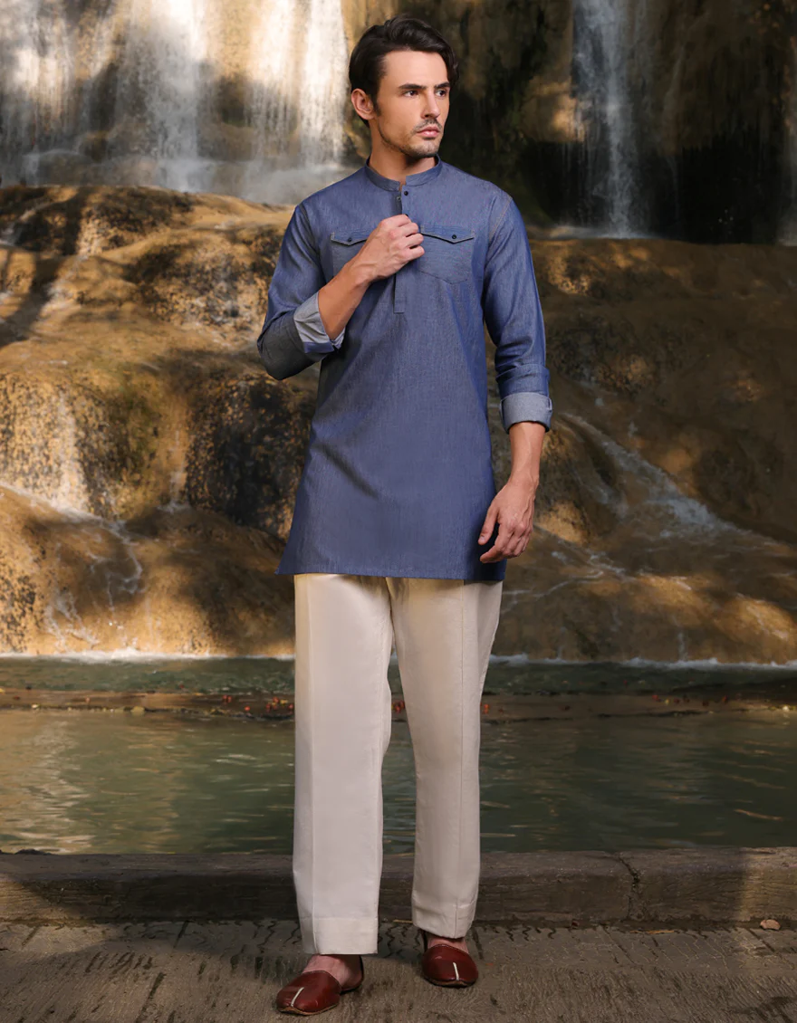 DENIM BLUE BLENDED SHORT KURTA | JJSHK-A-47415/S25/JJ - Image 4