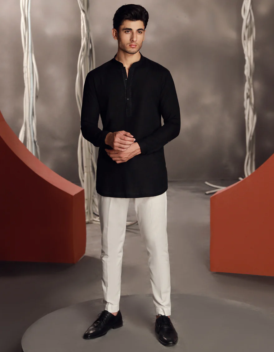 BLACK COTTON SHORT KURTA | JJSHK-W-90481/S24/JJ9591-SF