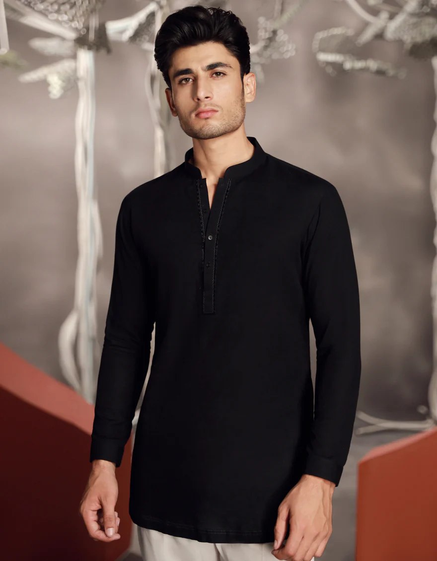 BLACK COTTON SHORT KURTA | JJSHK-W-90481/S24/JJ9591-SF - Image 2