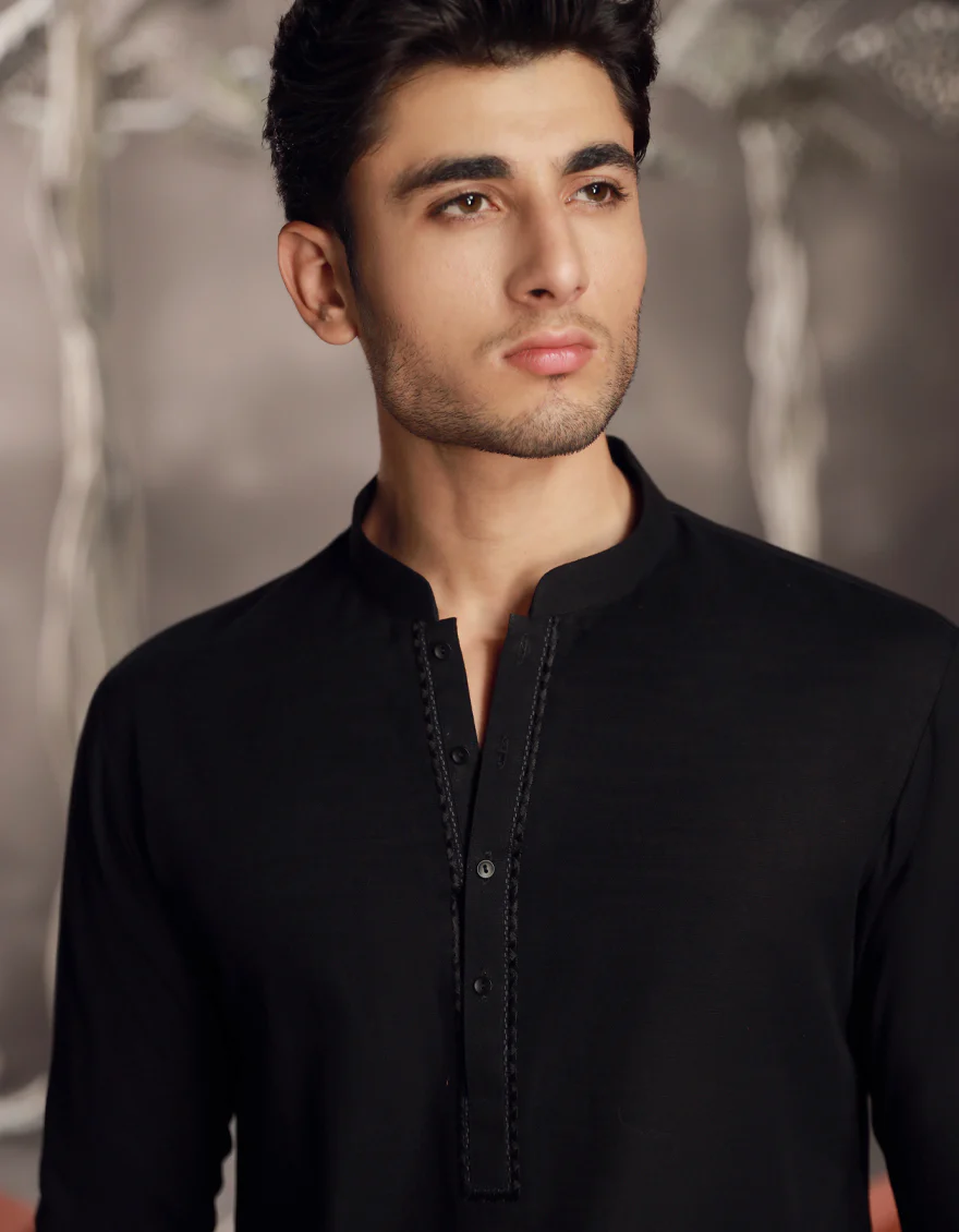 BLACK COTTON SHORT KURTA | JJSHK-W-90481/S24/JJ9591-SF - Image 3