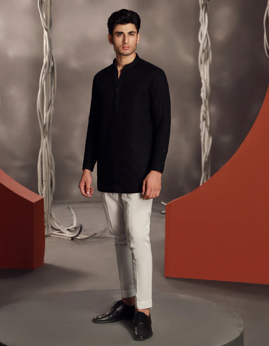 BLACK COTTON SHORT KURTA | JJSHK-W-90481/S24/JJ9591-SF - Image 4