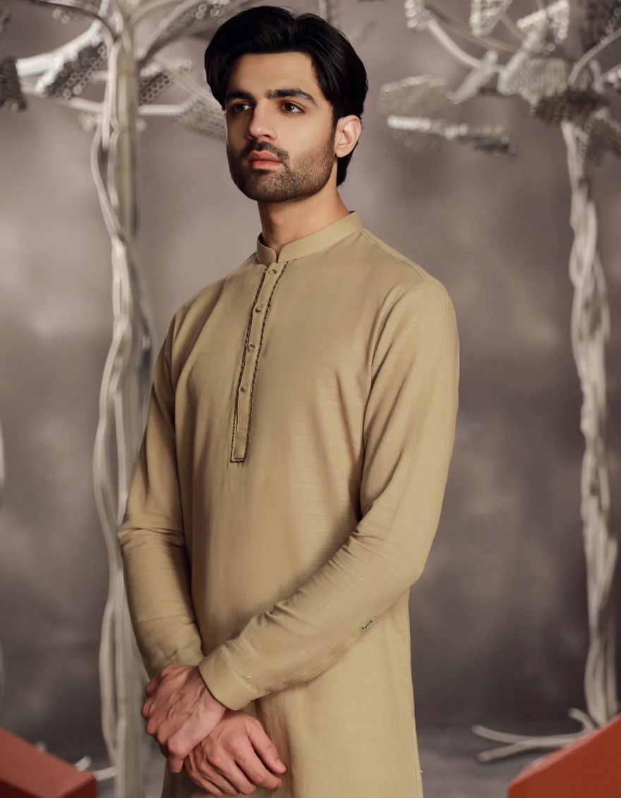 BEIGE COTTON SHORT KURTA | JJSHK-W-90483/S24/JJ9591-SF - Image 2
