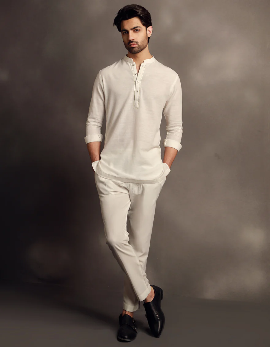 OFF WHITE COTTON SHORT KURTA | JJSHK-W-90484/S24/JJ9591-SF