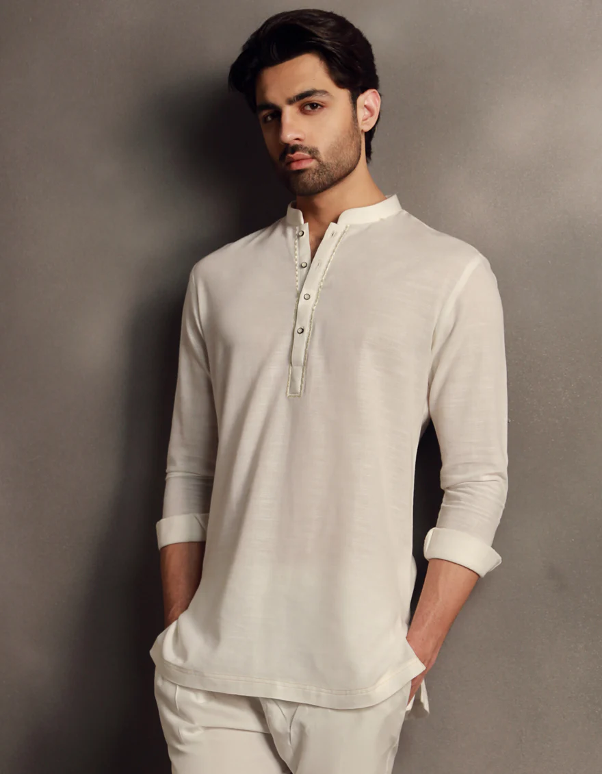 OFF WHITE COTTON SHORT KURTA | JJSHK-W-90484/S24/JJ9591-SF - Image 2
