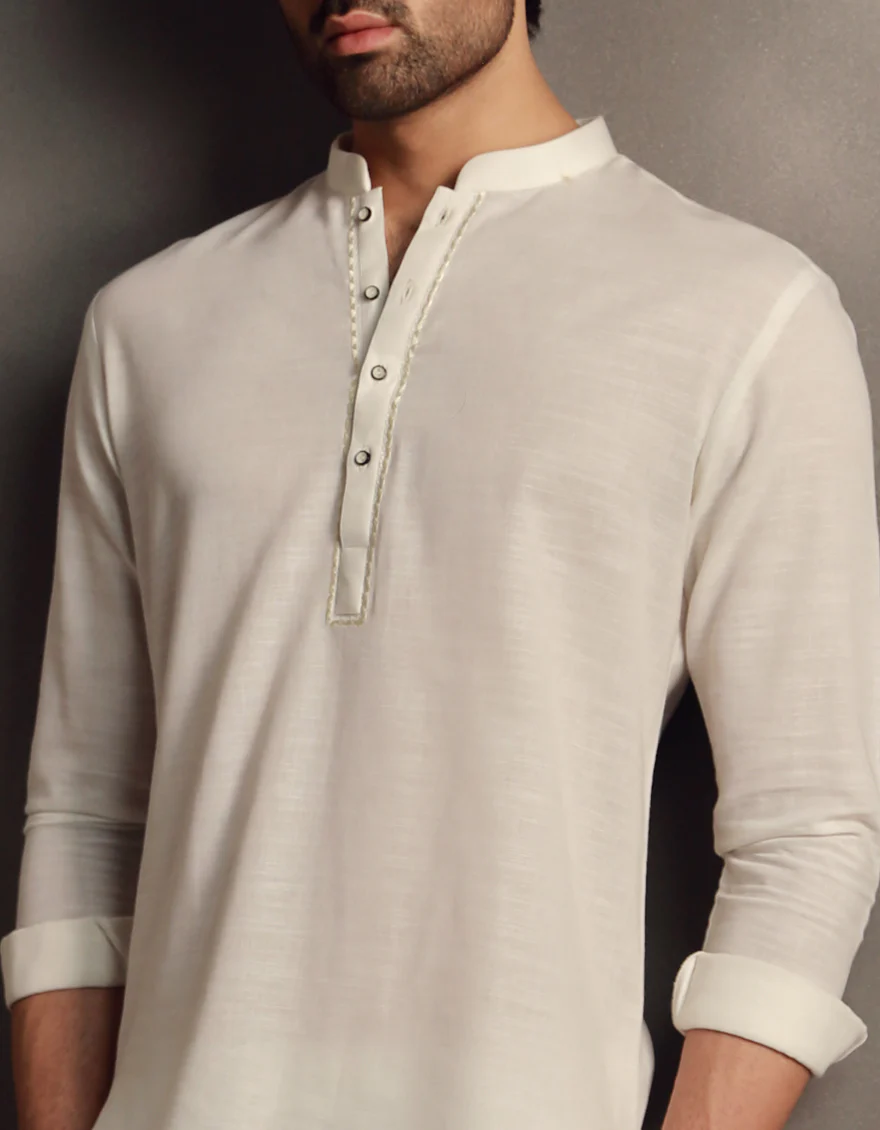 OFF WHITE COTTON SHORT KURTA | JJSHK-W-90484/S24/JJ9591-SF - Image 3