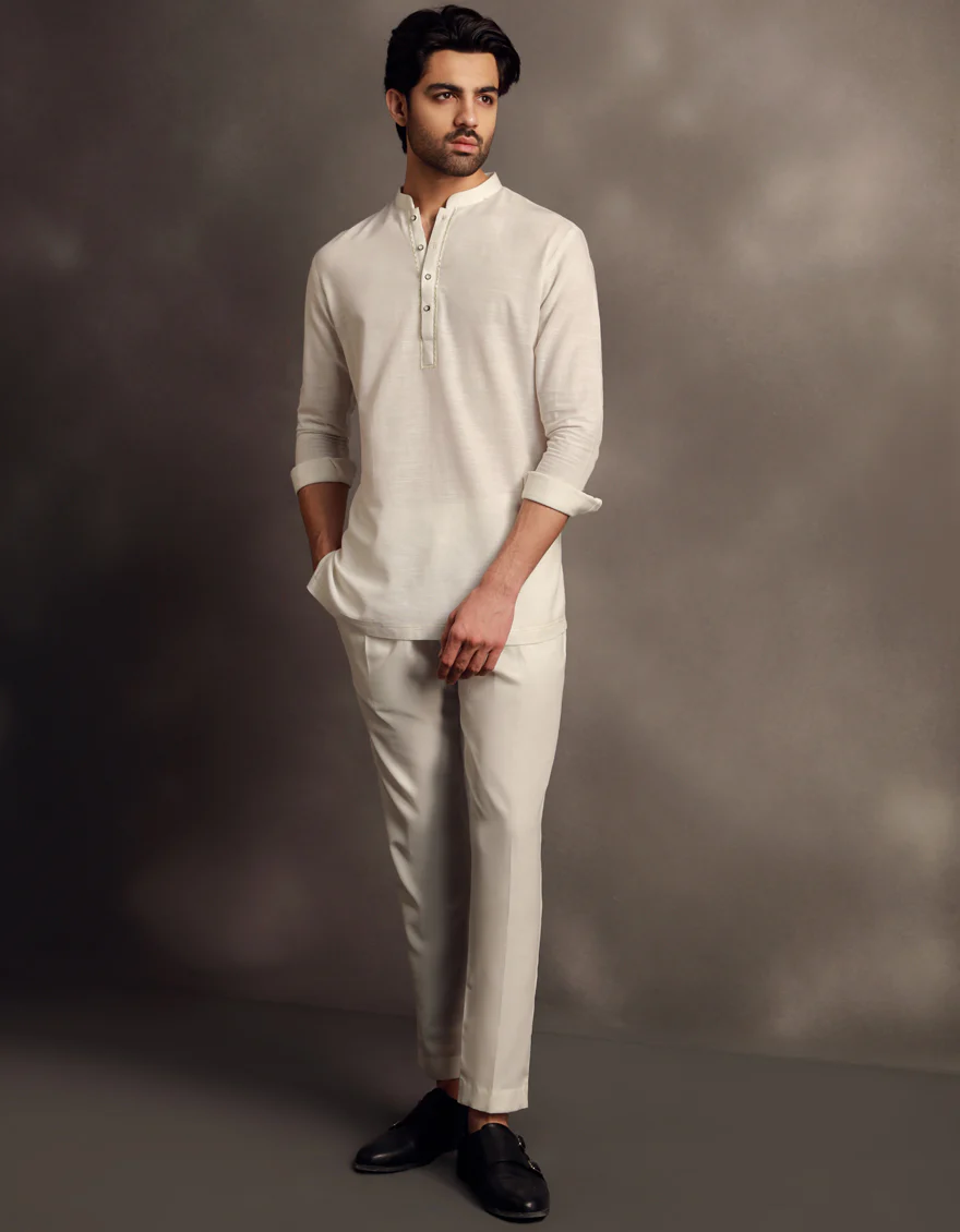 OFF WHITE COTTON SHORT KURTA | JJSHK-W-90484/S24/JJ9591-SF - Image 4