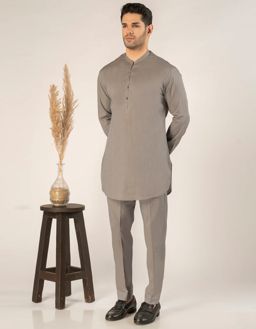 STONE GREY COTTON SHORT KURTA TROUSERS | JJSHKP-A-50160/S25/JJ10023-CL - Image 4
