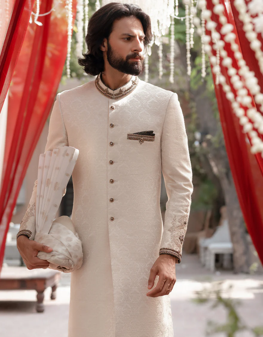 WHITE BLENDED SHERWANI | JJSW-573/S24/JJ9192-FL - Image 2