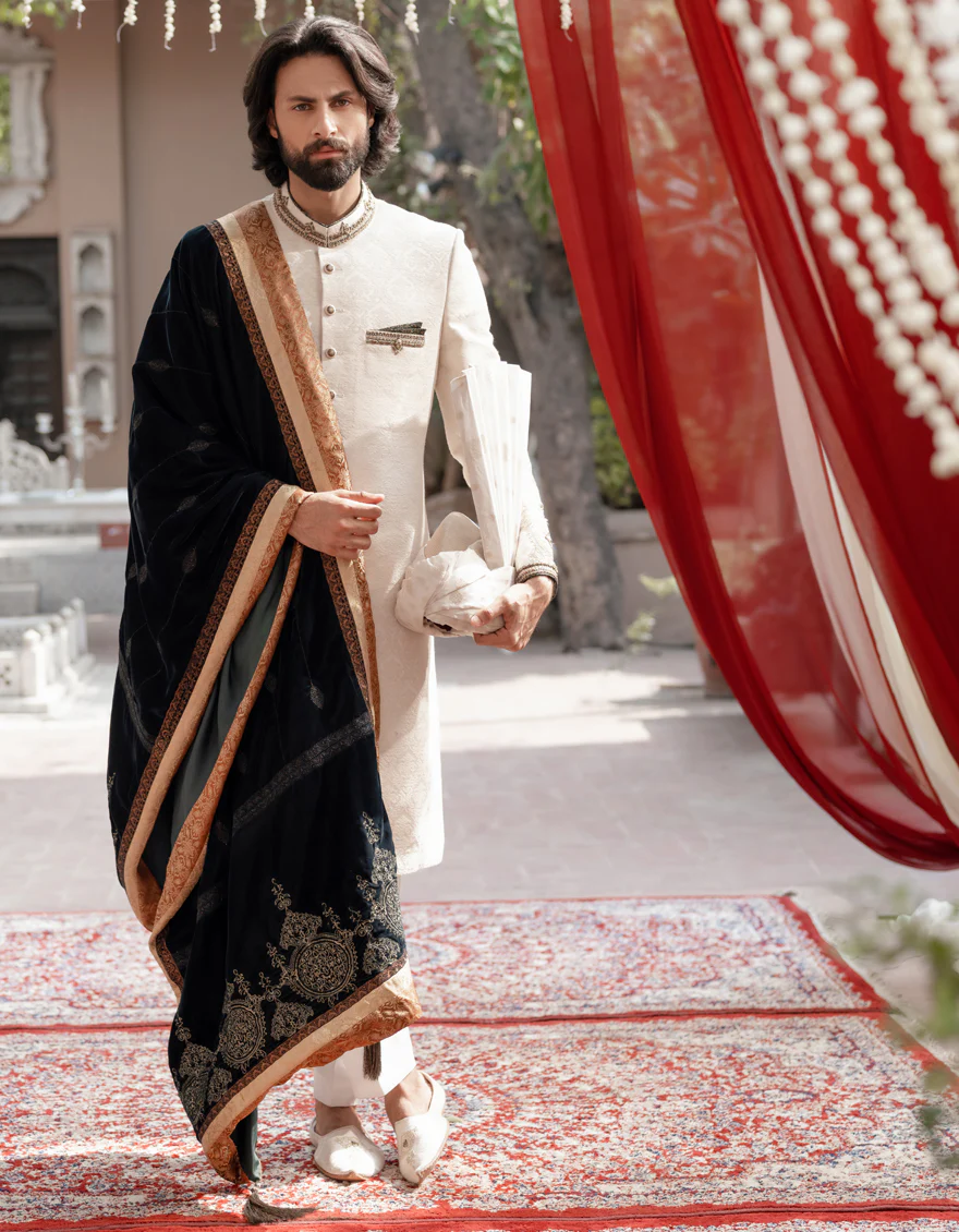 WHITE BLENDED SHERWANI | JJSW-573/S24/JJ9192-FL - Image 3