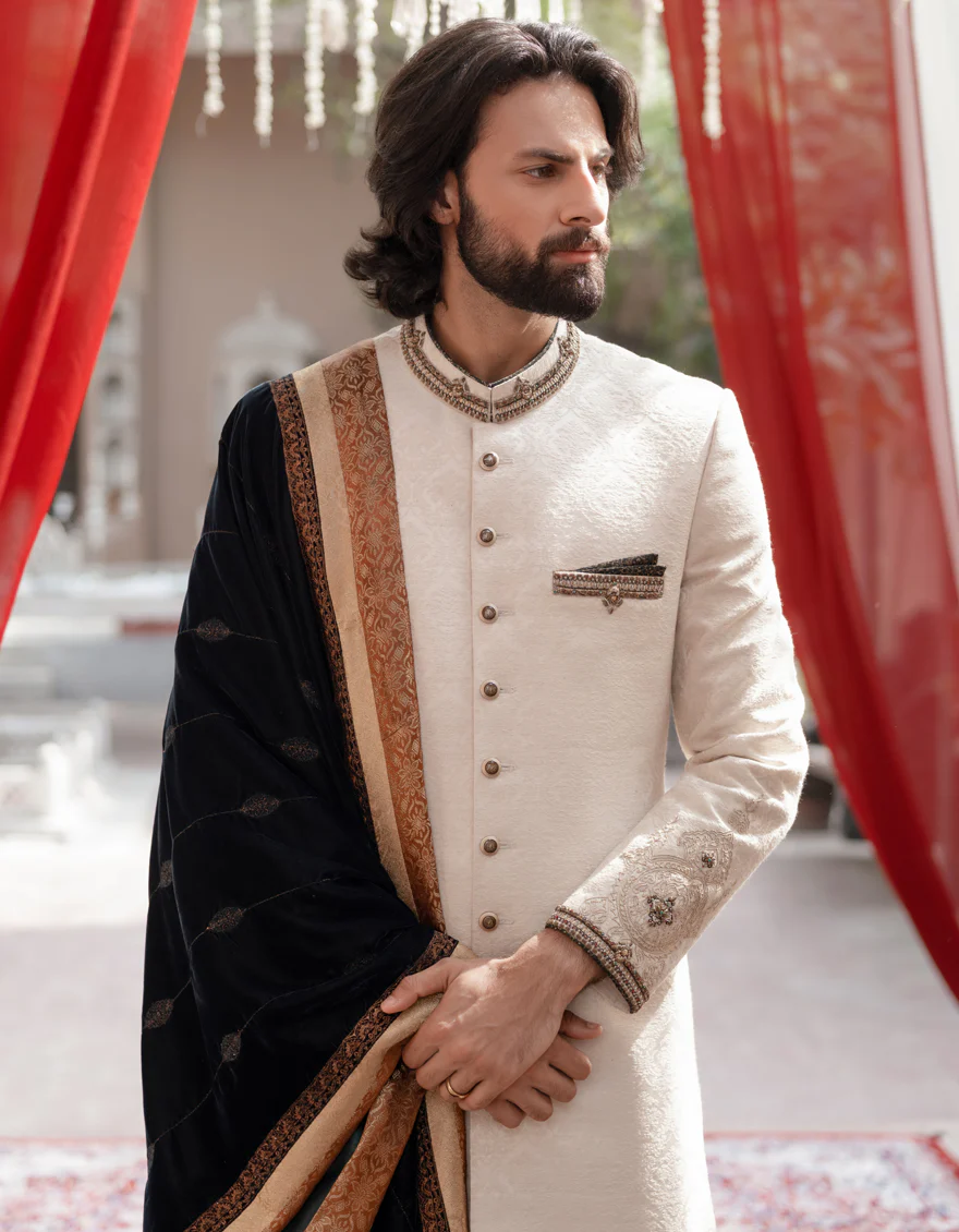 WHITE BLENDED SHERWANI | JJSW-573/S24/JJ9192-FL - Image 4