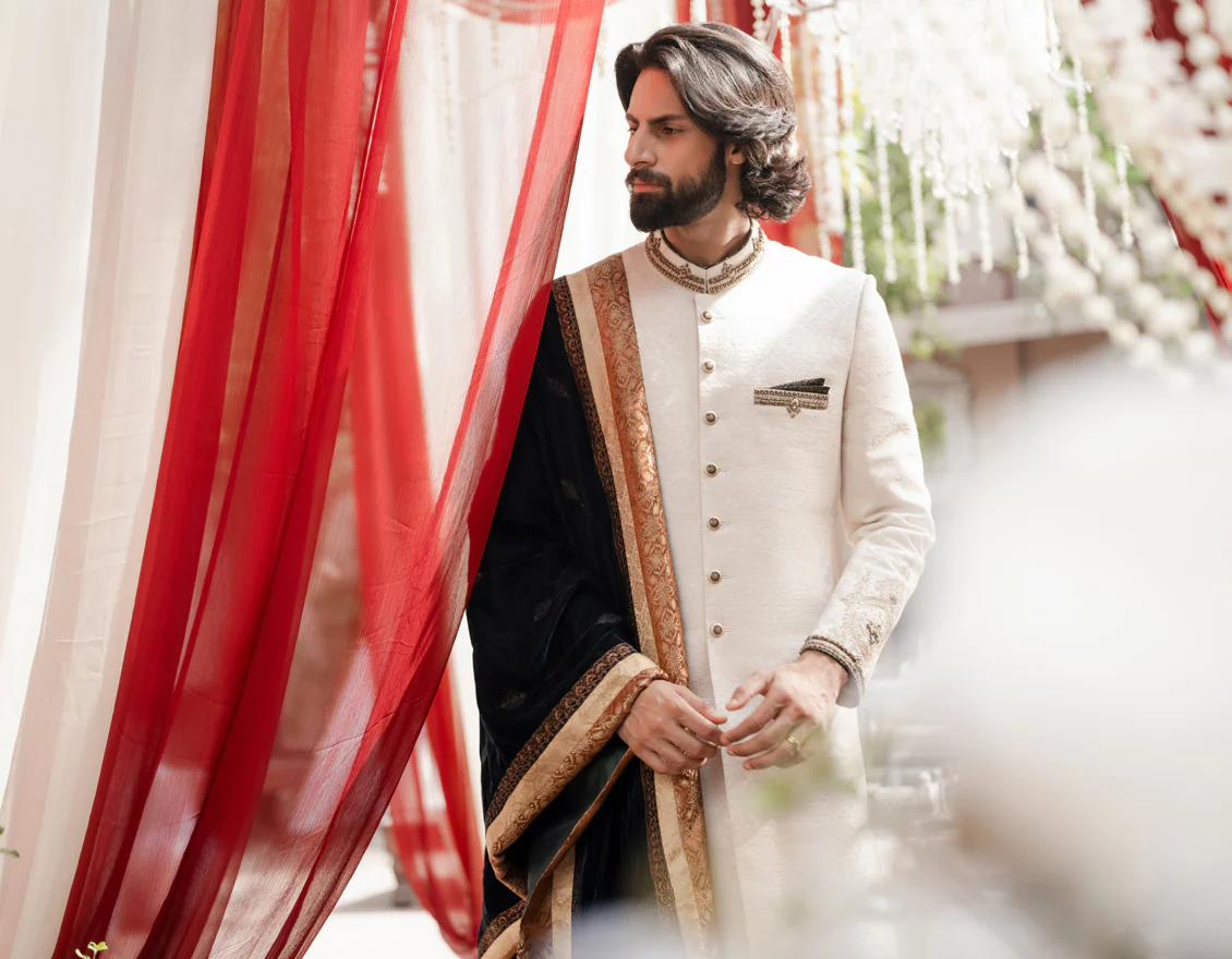 WHITE BLENDED SHERWANI | JJSW-573/S24/JJ9192-FL - Image 5