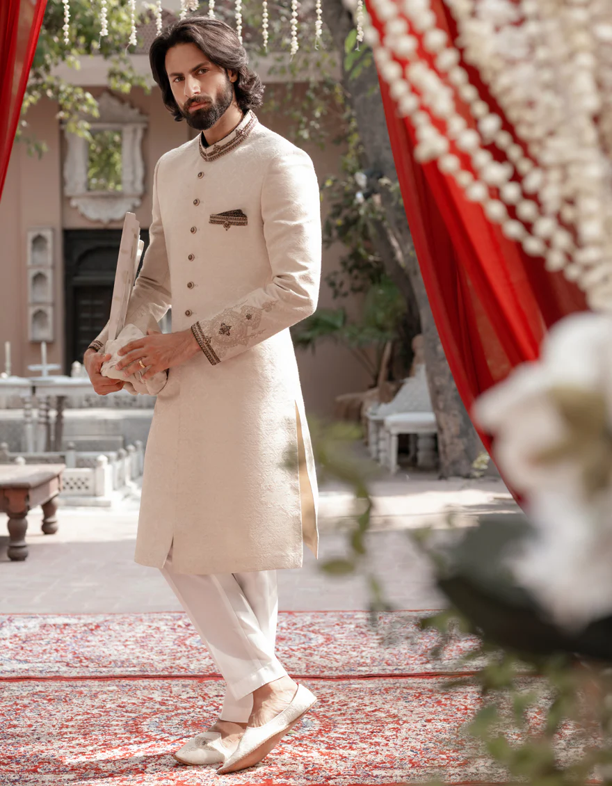WHITE BLENDED SHERWANI | JJSW-573/S24/JJ9192-FL - Image 6