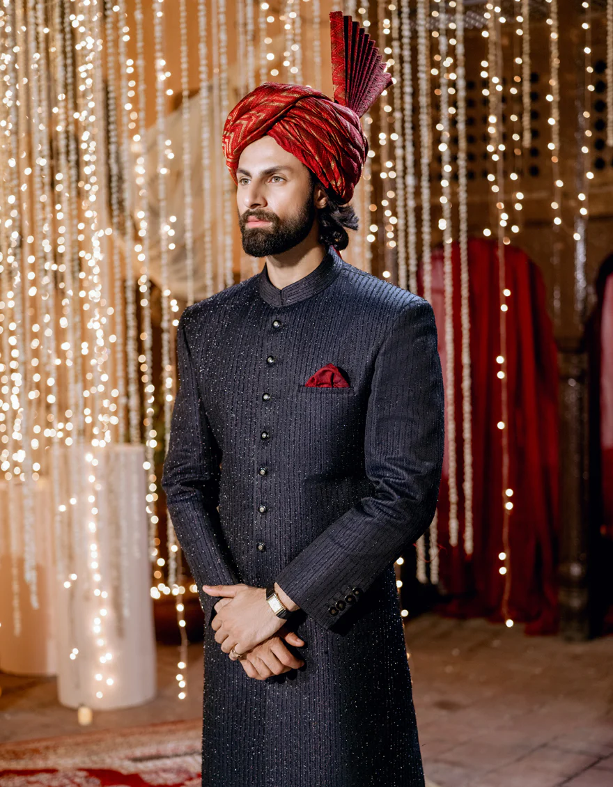 MIDNIGHT BLUE BLENDED SHERWANI | JJSW-583/S24/JJ9191-FL - Image 2
