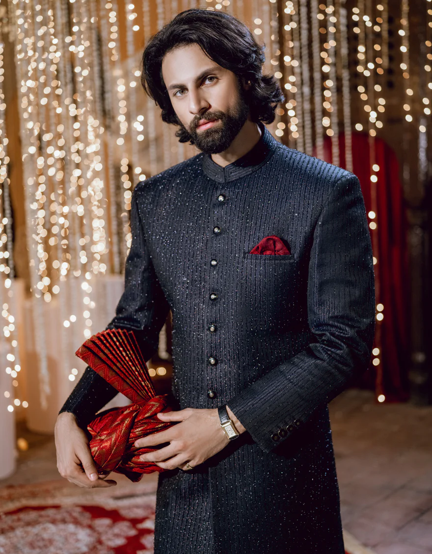 MIDNIGHT BLUE BLENDED SHERWANI | JJSW-583/S24/JJ9191-FL - Image 3