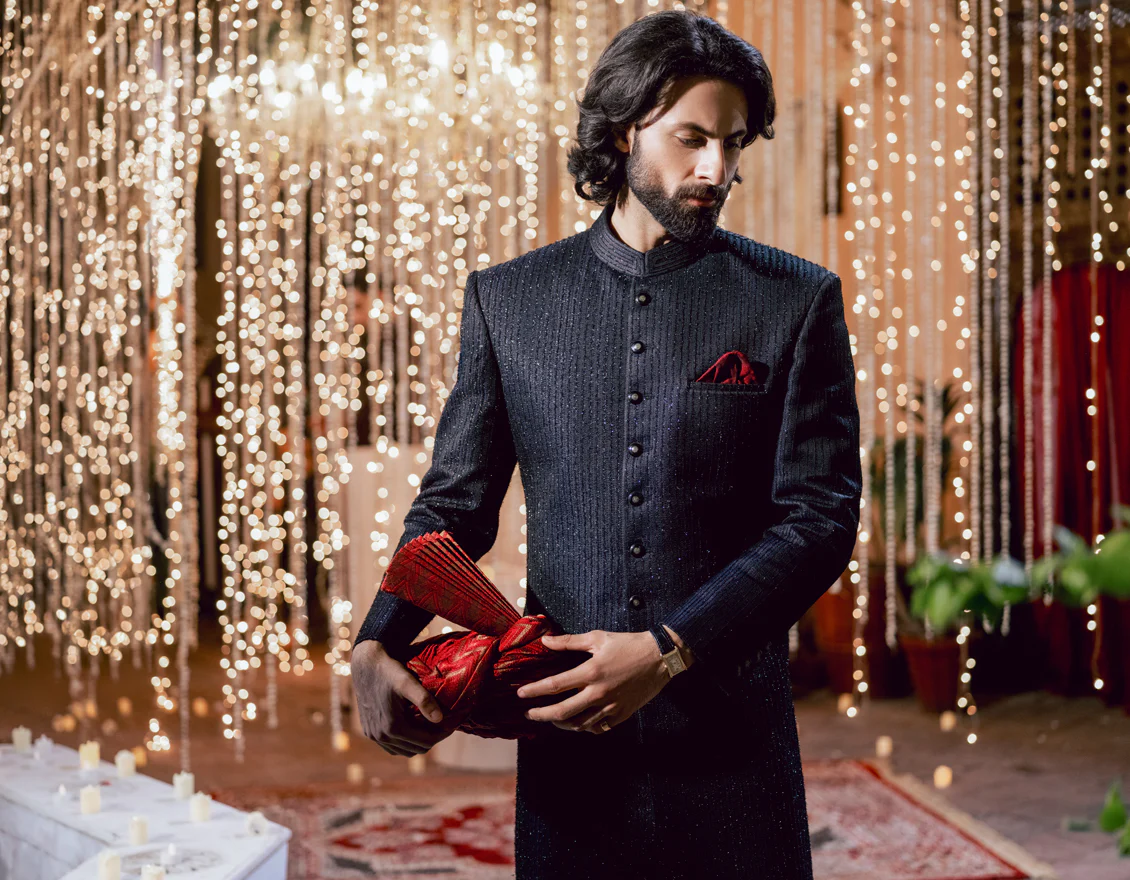 MIDNIGHT BLUE BLENDED SHERWANI | JJSW-583/S24/JJ9191-FL - Image 4