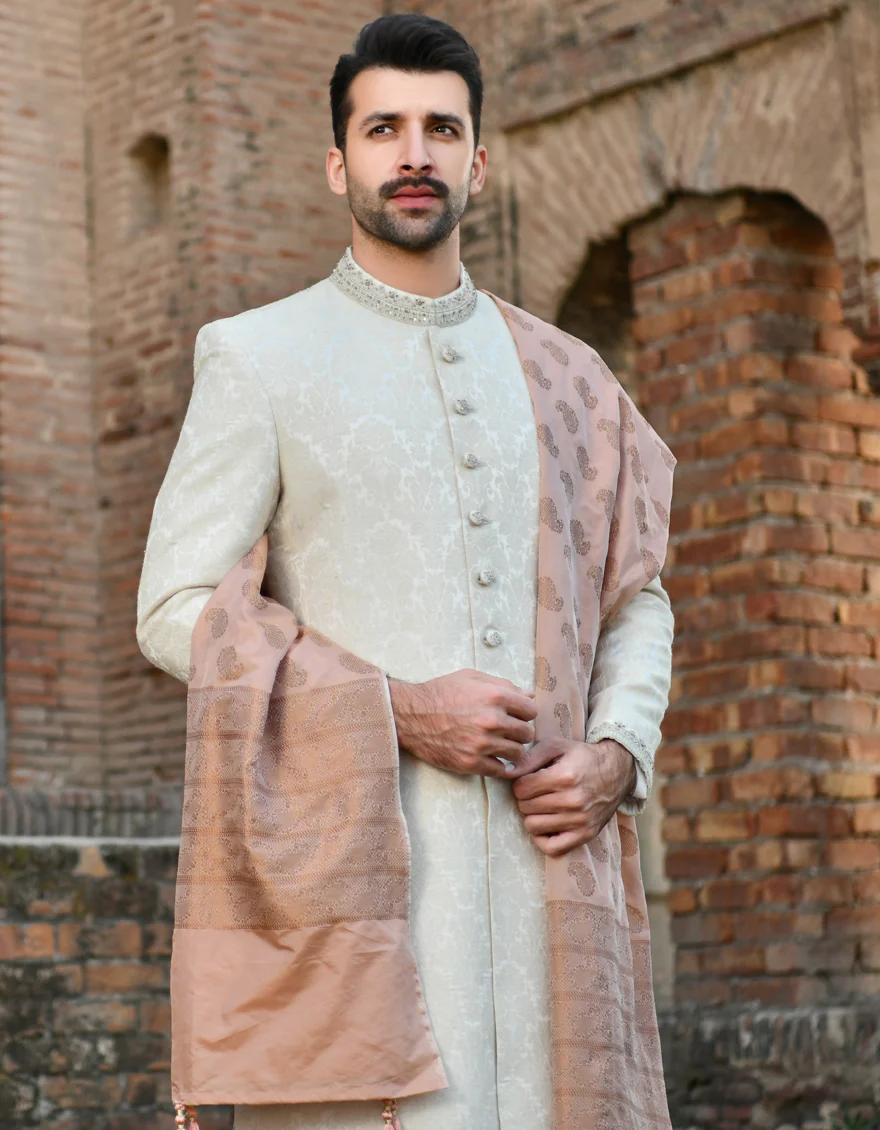 OFF WHITE BLENDED SHERWANI | JJSW-US-44009/A22/JJ8499-FL - Image 3