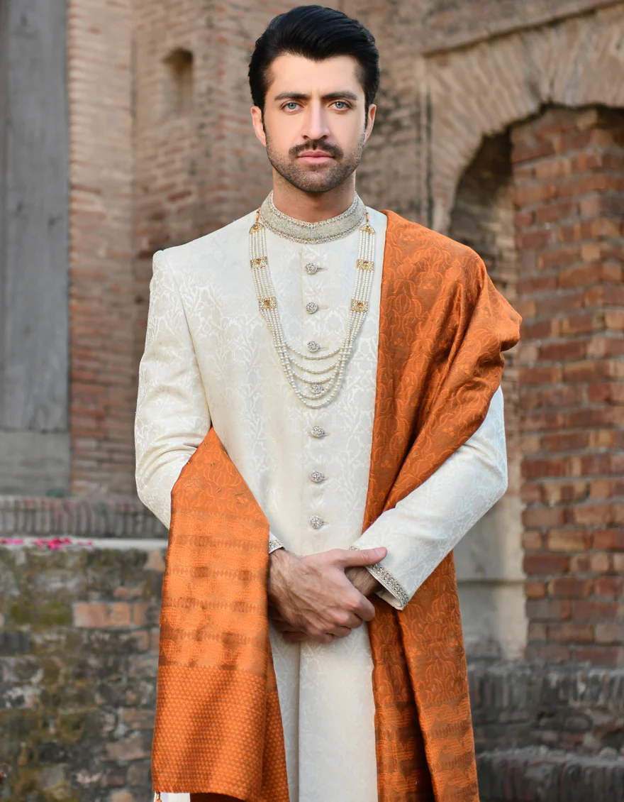 OFF WHITE BLENDED SHERWANI | JJSW-US-44010/A23/JJ8499-FL - Image 2