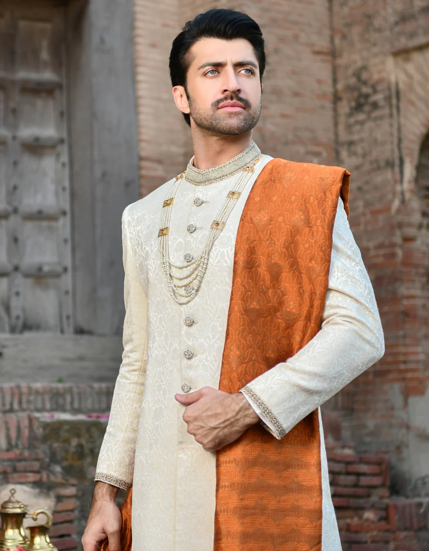 OFF WHITE BLENDED SHERWANI | JJSW-US-44010/A23/JJ8499-FL - Image 3