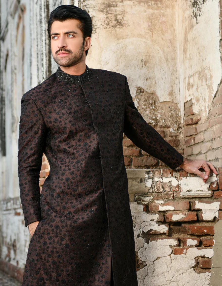 LIVER BROWN BLENDED SHERWANI | JJSW-US-45030/A23/JJ8452-FL - Image 2