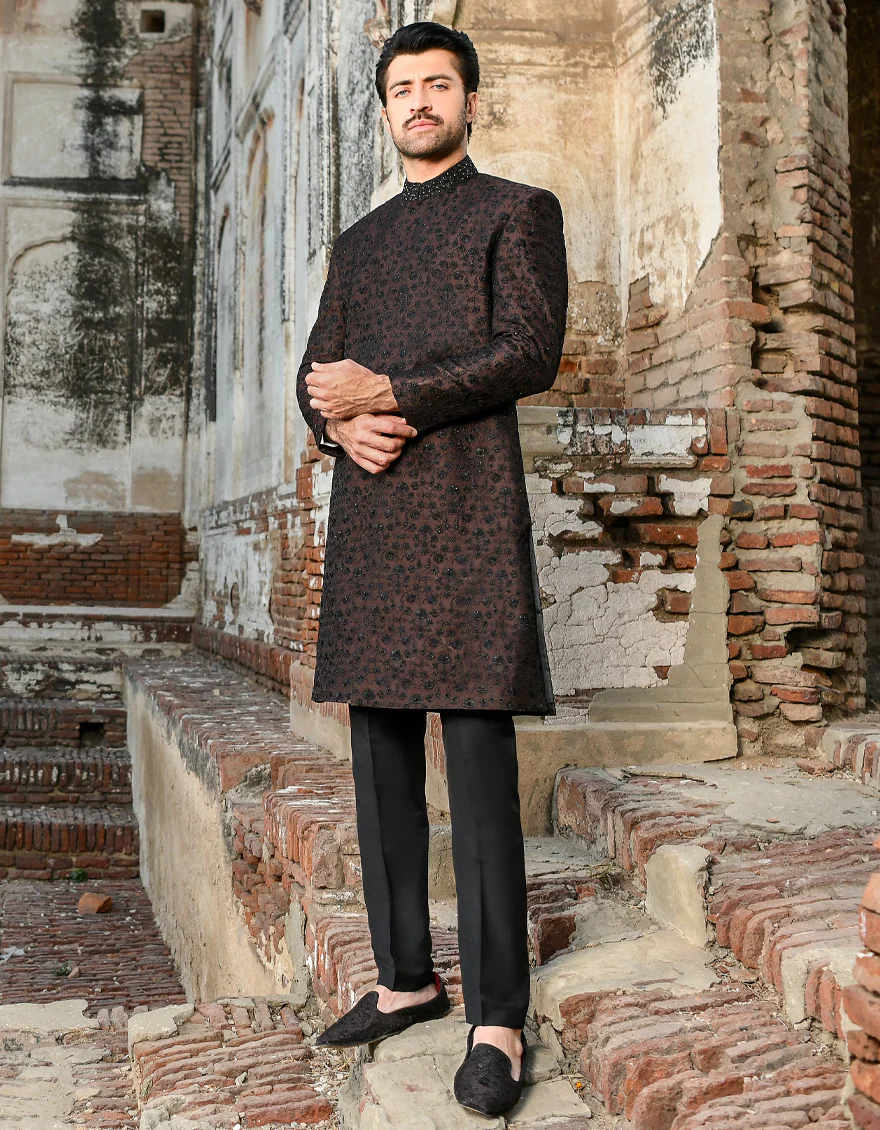 LIVER BROWN BLENDED SHERWANI | JJSW-US-45030/A23/JJ8452-FL - Image 3