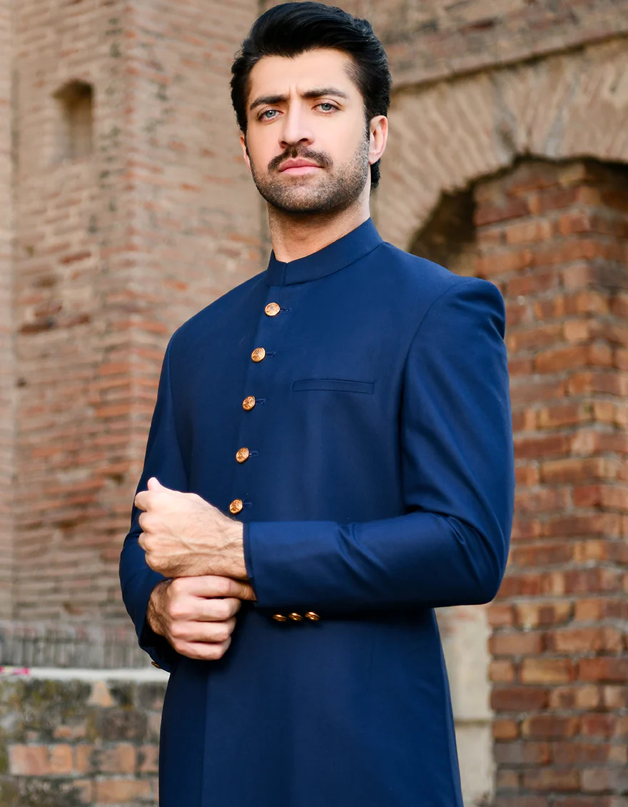 NAVY BLUE BLENDED SHERWANI | JJSW-US-45094/A23/JJ8086-PN - Image 2