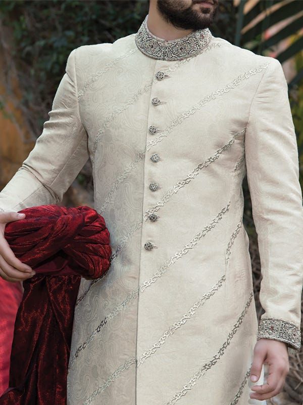 OFF WHITE JAMAWAR SHERWANI | JJSW-US-468/S0616/JJ4737 - Image 2