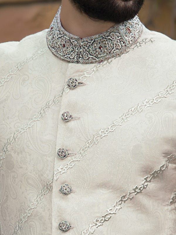 OFF WHITE JAMAWAR SHERWANI | JJSW-US-468/S0616/JJ4737 - Image 3