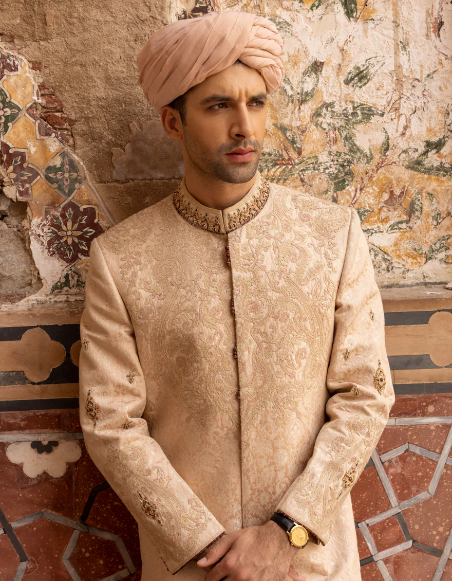 PEACH BLENDED SHERWANI | JJSW-US-548/S23/JJ8864-FL - Image 4