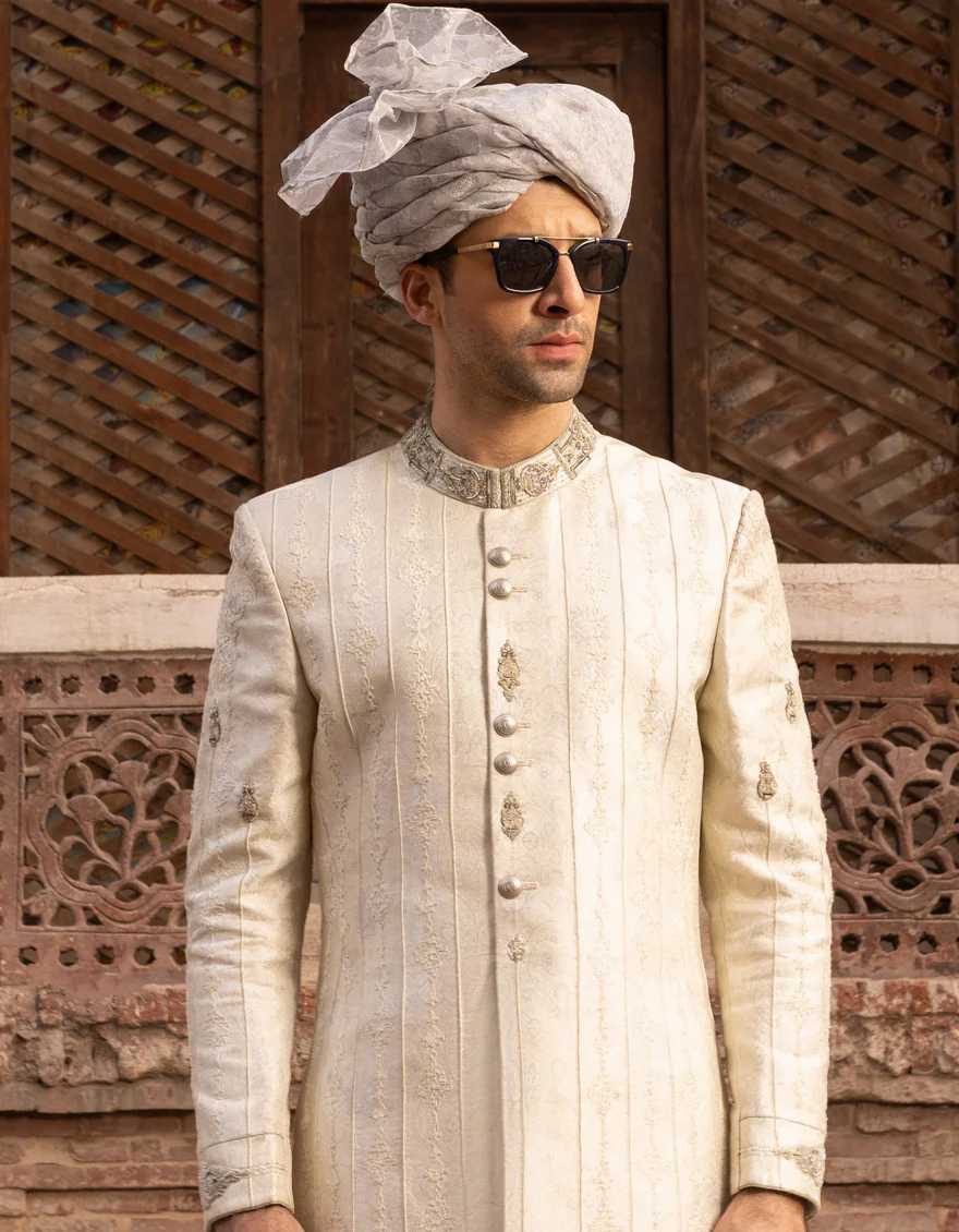 OFF WHITE-SILVER SHERWANI | JJSW-US-550/S23/JJ8840-FL - Image 2