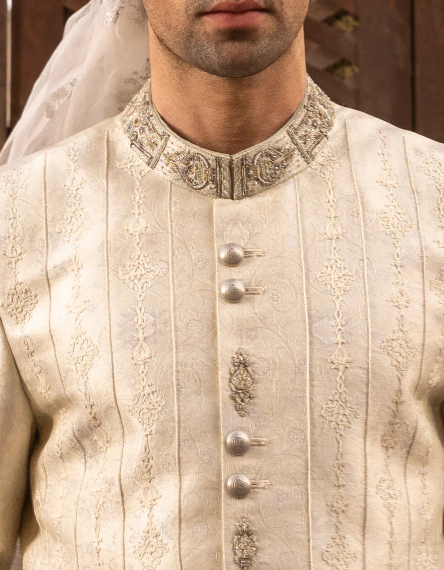 OFF WHITE-SILVER SHERWANI | JJSW-US-550/S23/JJ8840-FL - Image 3