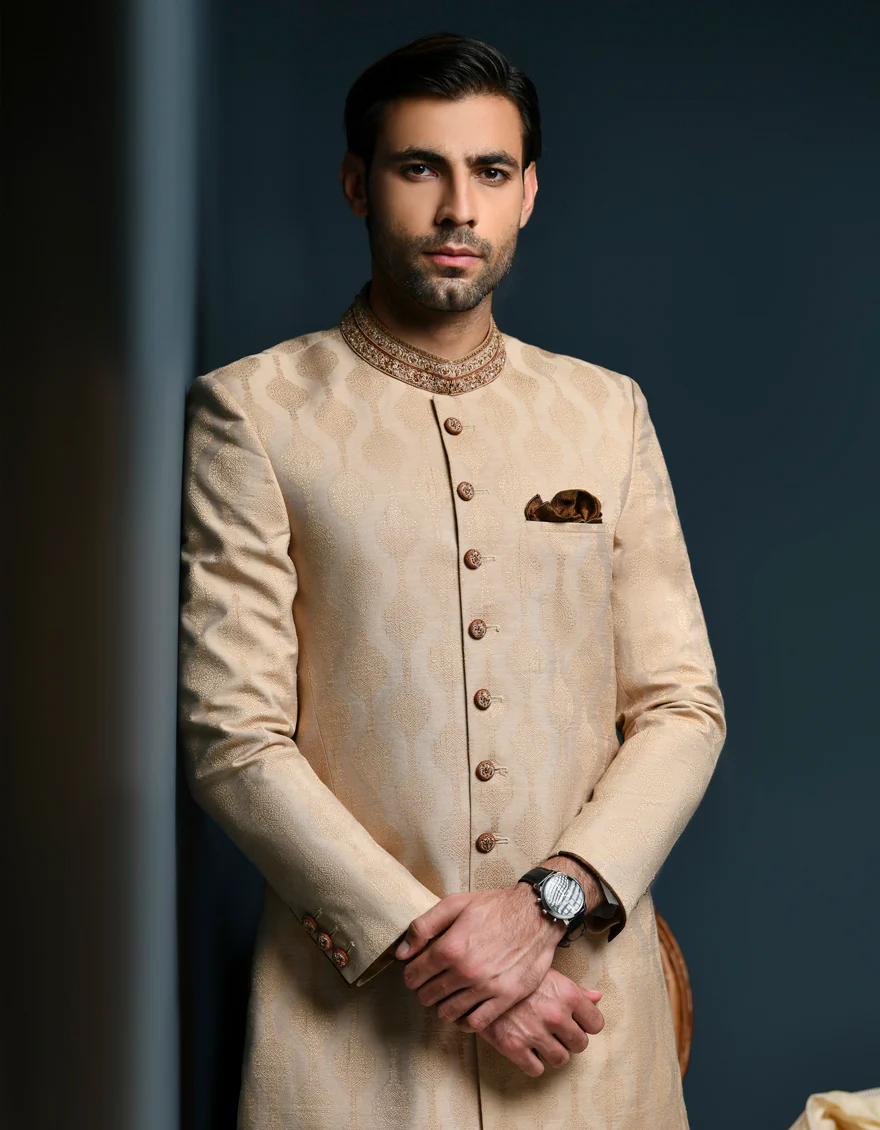 GOLD BROWN BLENDED SHERWANI | JJSW-US-562/S23/JJ9116-FL - Image 3
