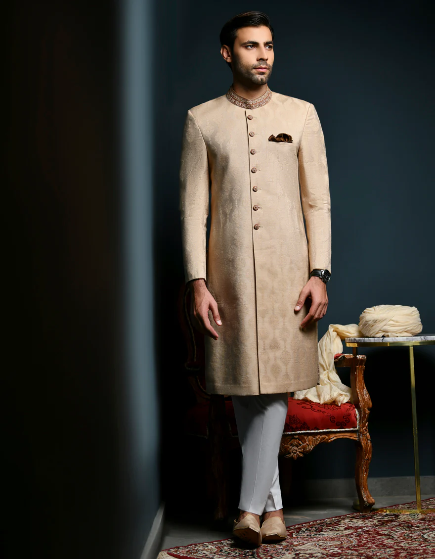 GOLD BROWN BLENDED SHERWANI | JJSW-US-562/S23/JJ9116-FL - Image 4
