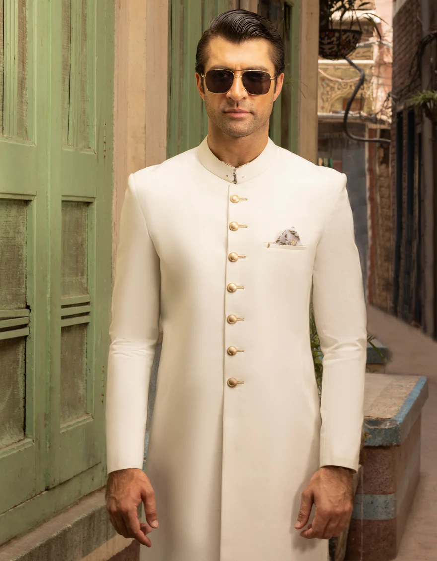 WHITE SUITING SHERWANI | JJSWP-US-558/S23/JJ8976-PN - Image 3
