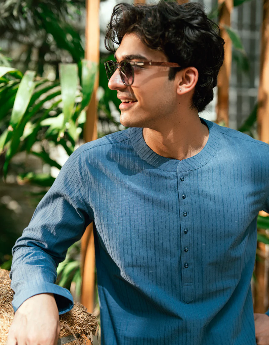 DULL BLUE COTTON THIGH LENGTH KURTA | JJTHLK-A-47436/S25/JJ10175-CL - Image 3