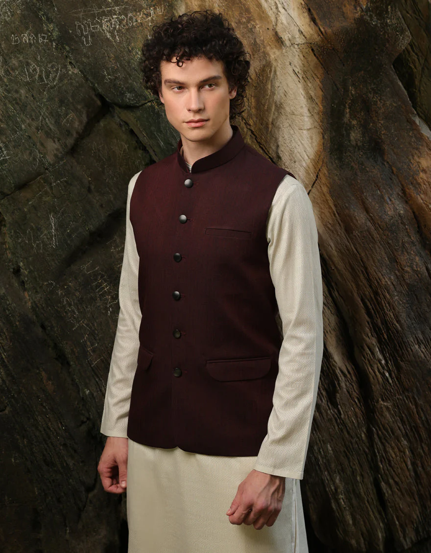 MAROON SUITING WAISTCOAT | JJVC-A-27384-R12-AP/S25/JJ9546-PN