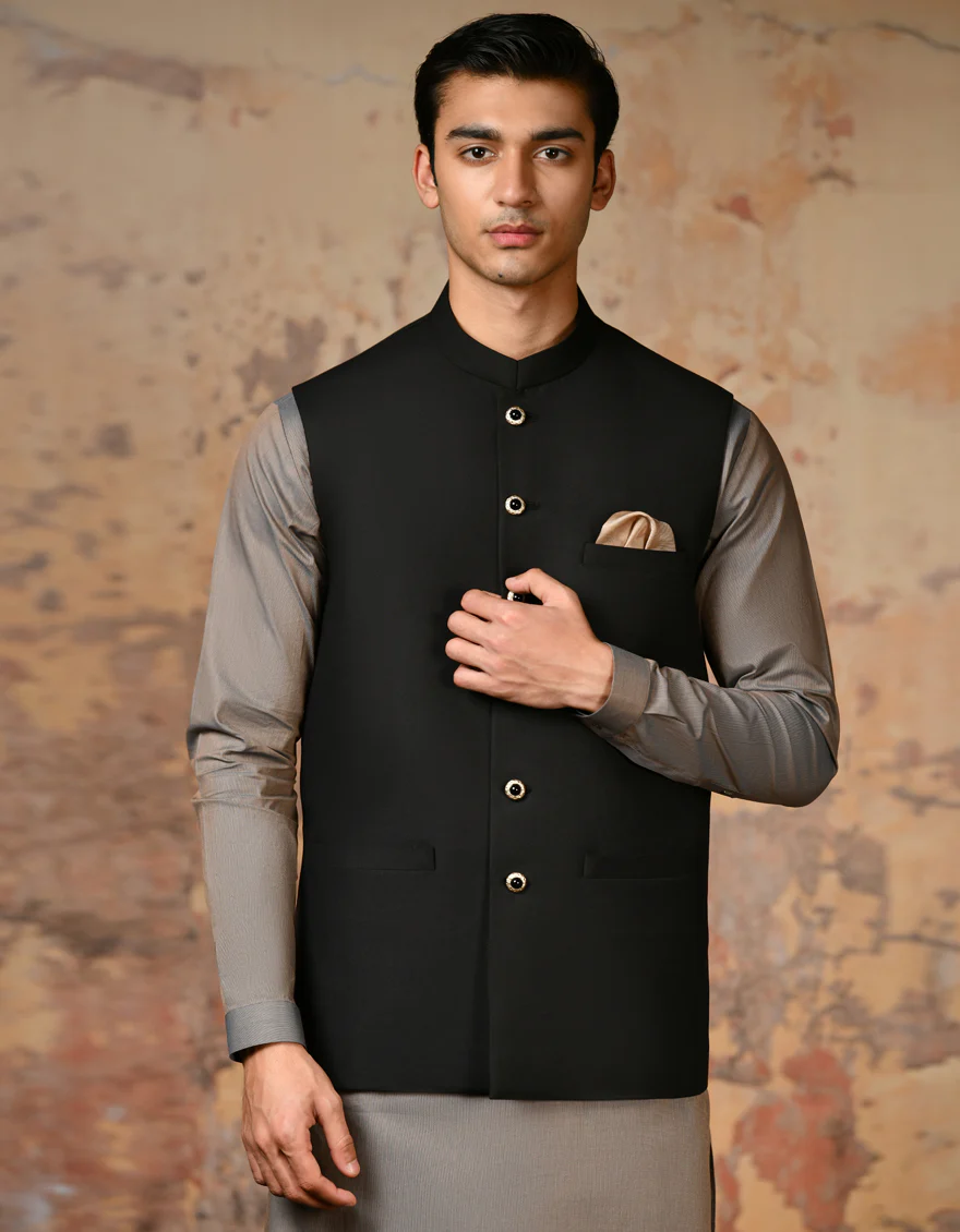 BLACK SUITING WAISTCOAT | JJVC-A-48114-R1-AP/S24/JJ9406-PN