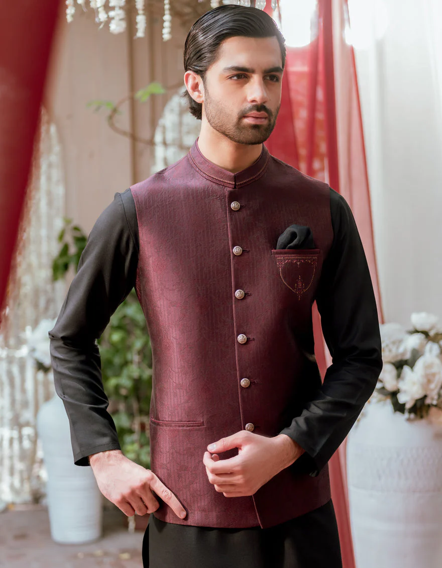 MAROON JAMAWAR WAISTCOAT | JJVC-A-48165/S24/JJ9384-FL - Image 2